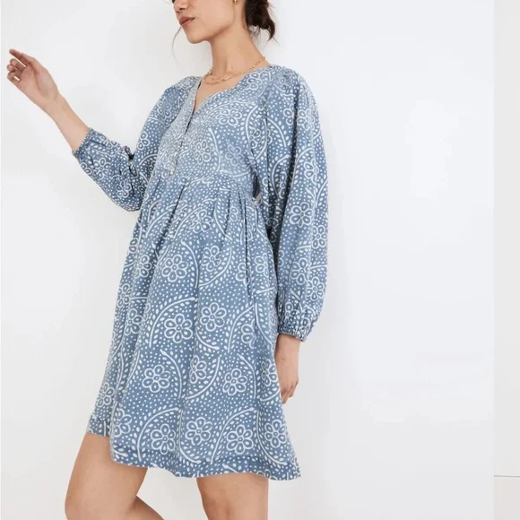 Madewell Light Blue Patterned Long Sleeve Dress - Picture 2 of 8